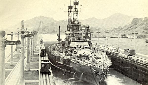 Battleship U.S.S. Mississippi going through the Pedro Miguel Locks 1919